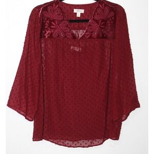 Style & Co Womens Red 3/4 Sleeve Swiss Dot Velvet Yoke Blouse S NWT